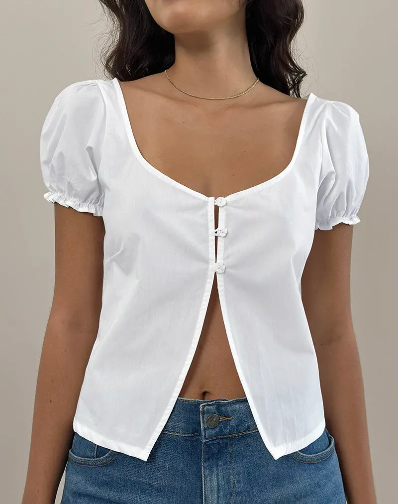 Norya Puff Sleeve Top In Poplin White 1