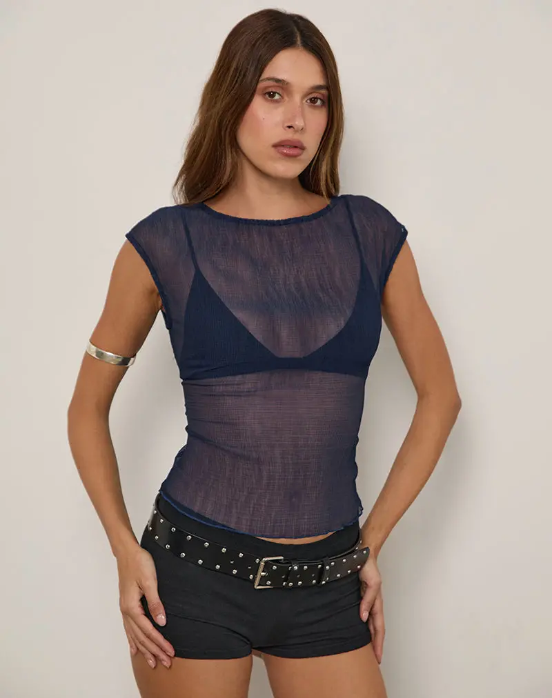 Nova Top In Sheer Crinkle Chiffon Navy 1
