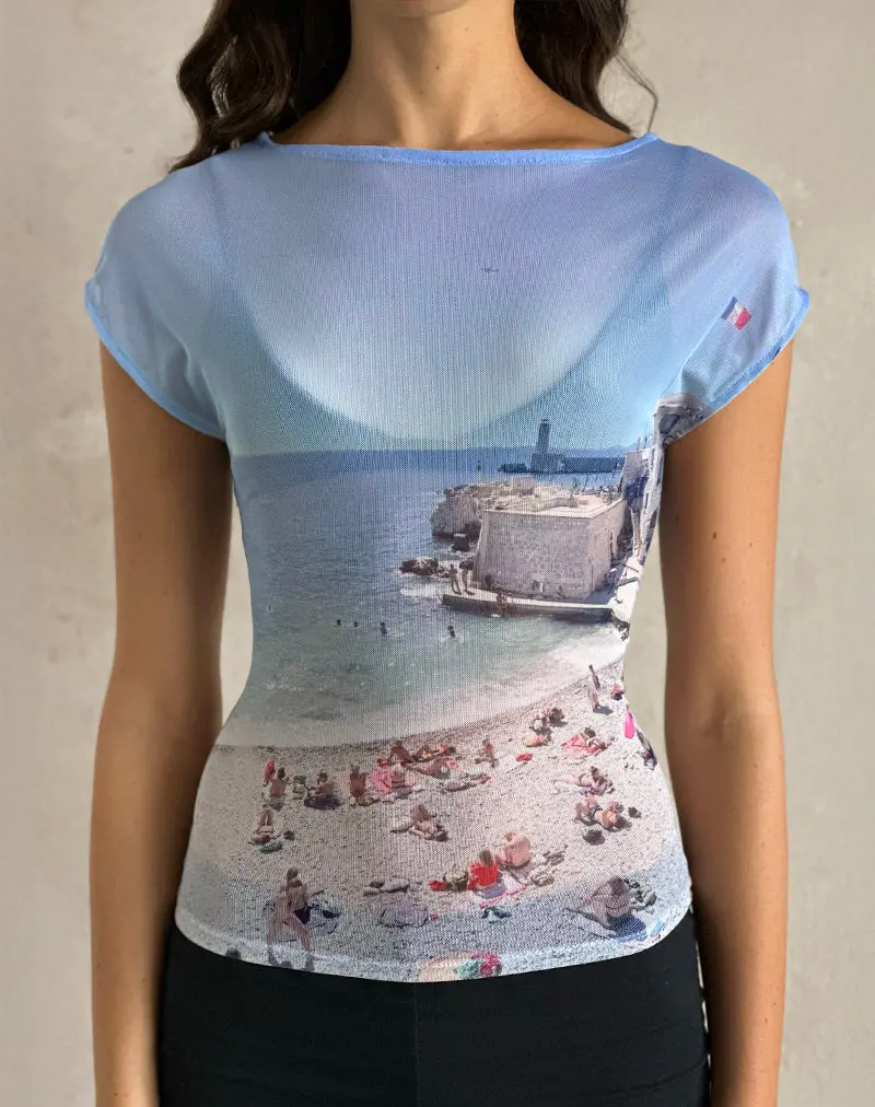Nova Top In Printed Mesh Cote D'azur Blue Graphic 1