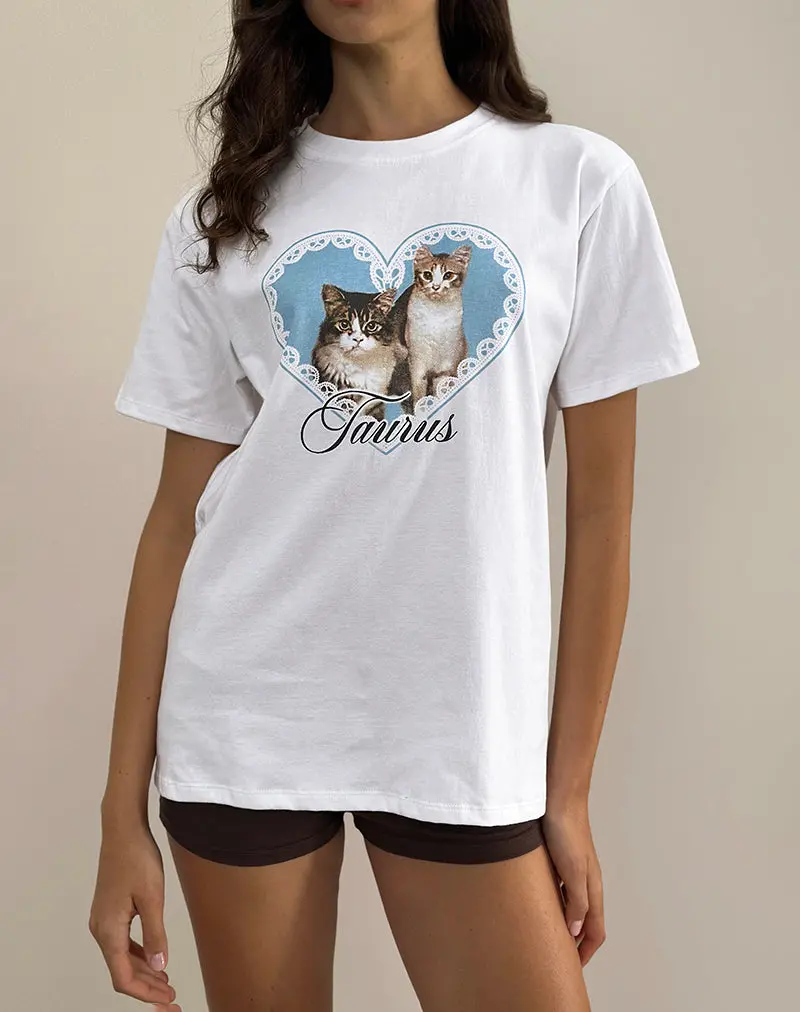 Oversize Basic Tee In White With Taurus Motel Pet Print 1