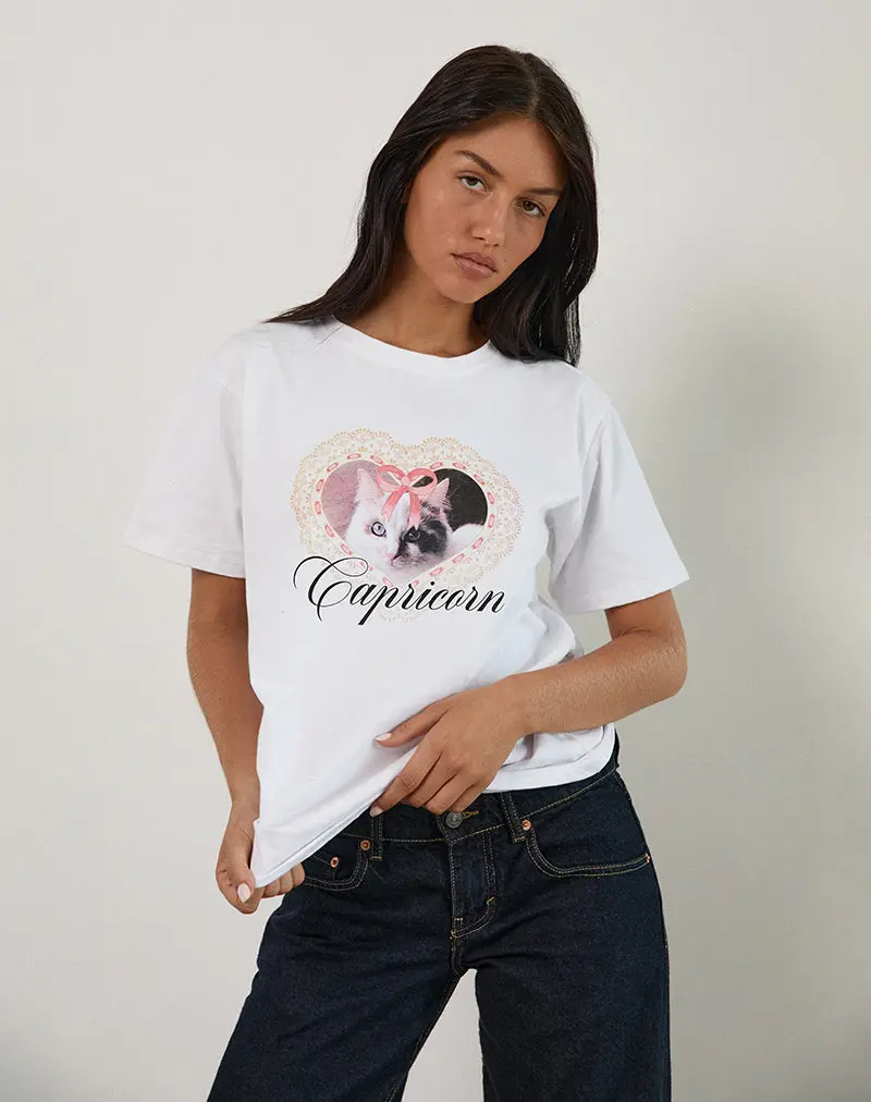 Oversize Basic Tee In White With Capricorn Motel Pet Print 1