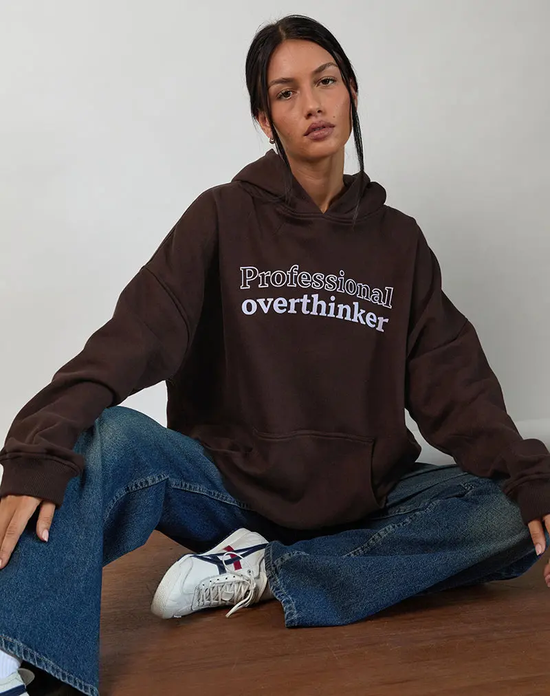 Oversized Hoodie In Bitter Chocolate With Overthinker Print 1