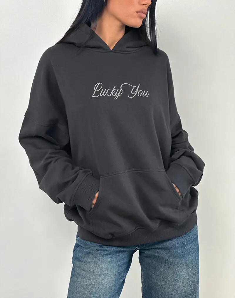 Oversized Hoodie In Ocean Storm With Lucky You Graphic 1