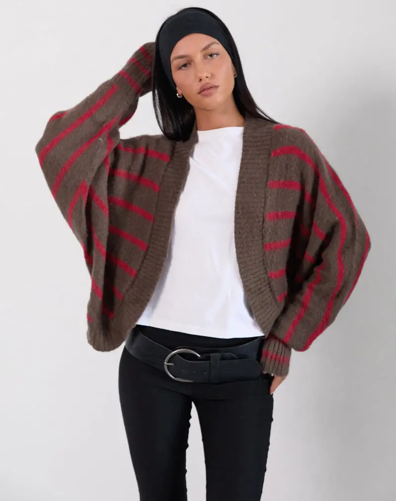 Pasha Shrug Cardigan In Red And Brown Stripe 1
