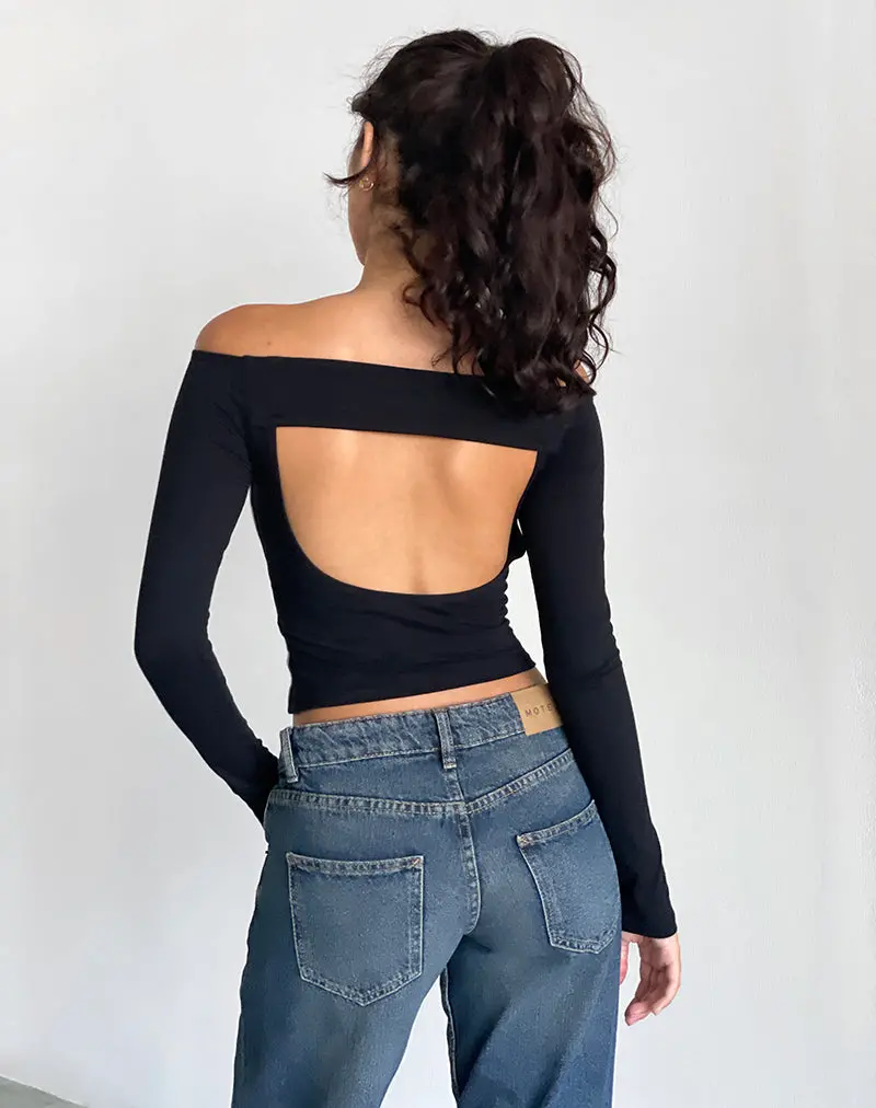 Reiba Long Sleeve Top In Black With Grey Binding 1