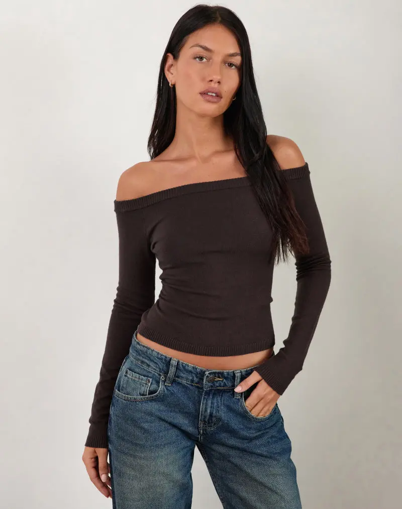 Renie Bardot Top In Dark Brown Knit 1