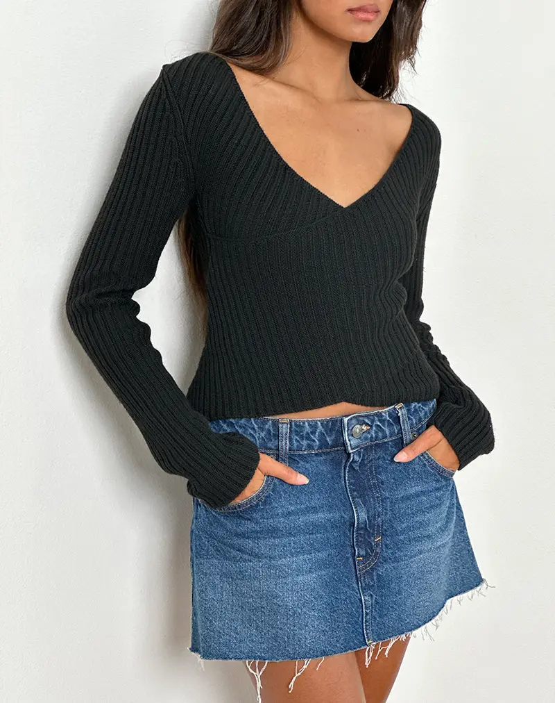 Rinca Bardot Jumper In Rib Knit Black 1