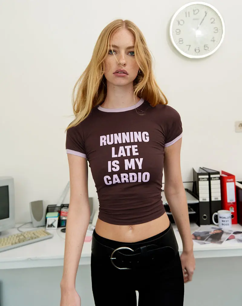 Rinea Tee Top In Bitter Chocolate With Violet Binding And Running Late Slogan 1