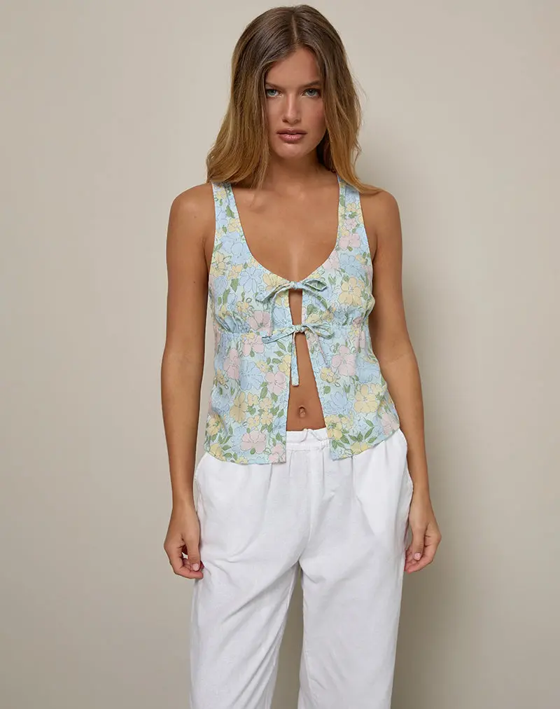 Rodite Tie Front Top In Washed Out Pastel Floral 1