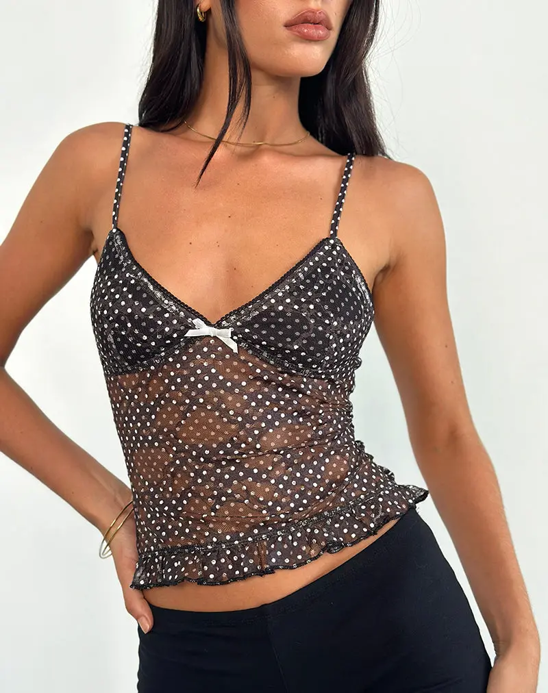 Rumaysa Cami Top In Mini Polka Black And White Printed Lace 1