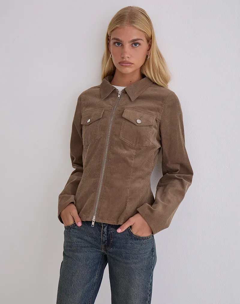 Rohana Fitted Jacket In Baby Cord Walnut Brown 1