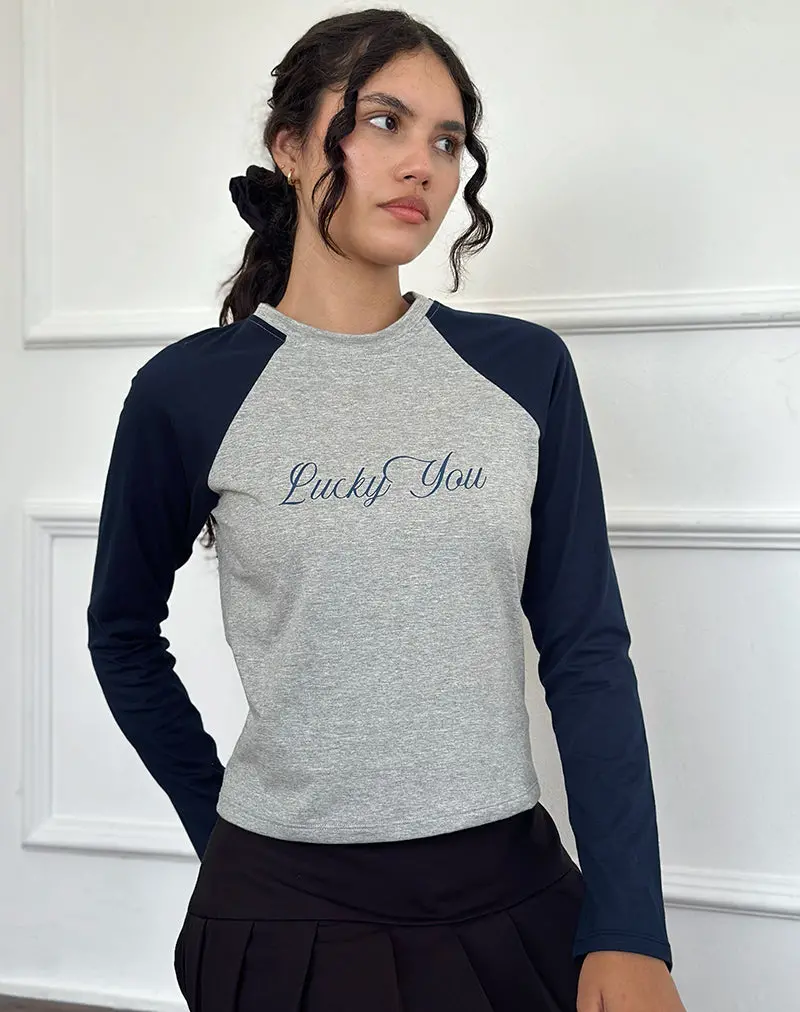Sabani Top In Grey Marl Navy With Lucky You Print 1