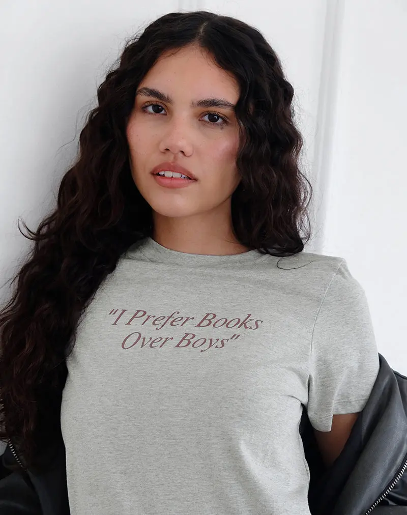Saki Tee In Grey Marl With I Prefer Books Over Boys Slogan 1