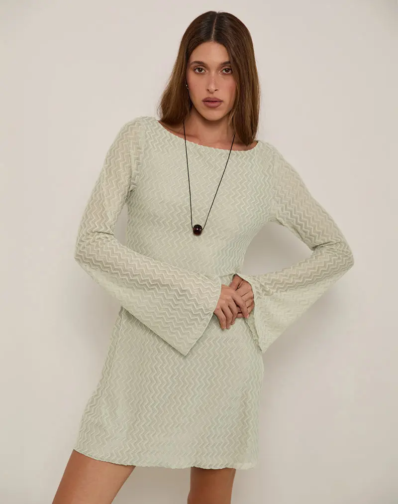 Sevila Long Sleeve Mini Dress In Mesh Sage Mini Zigzag 1