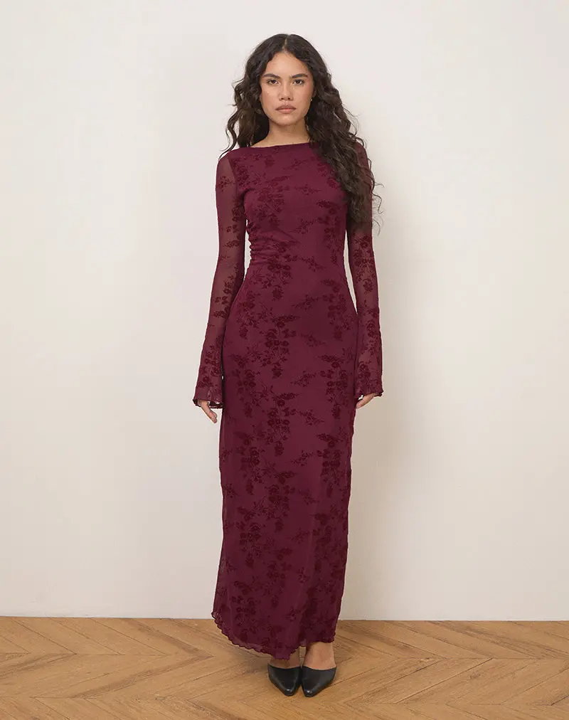 Shaleed Maxi Dress In Botanical Flower Maroon 1