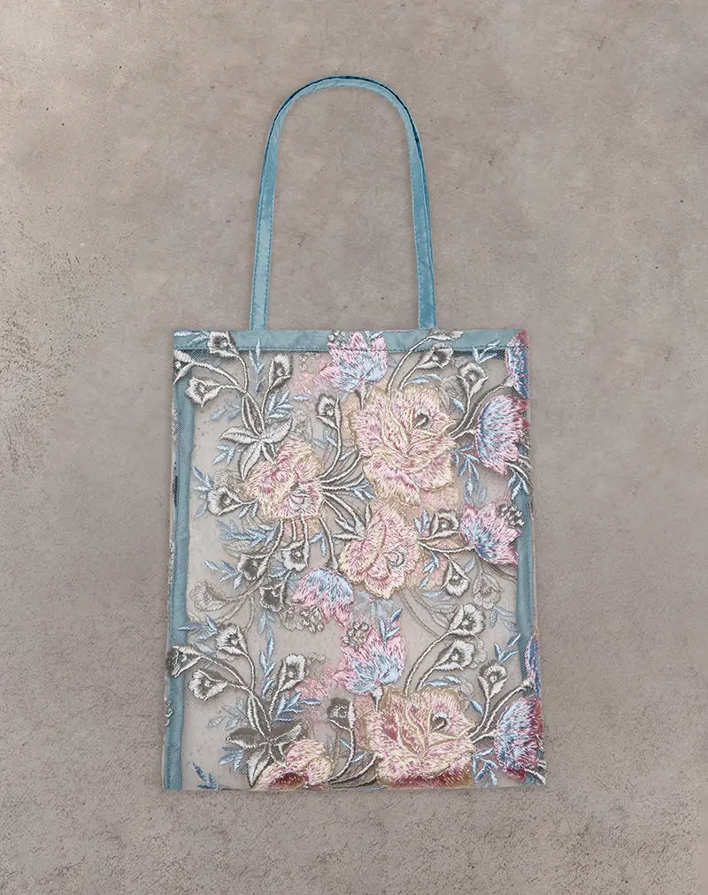 Shi Bag In Natural Lace Embroidery With Blue Satin Binding 1