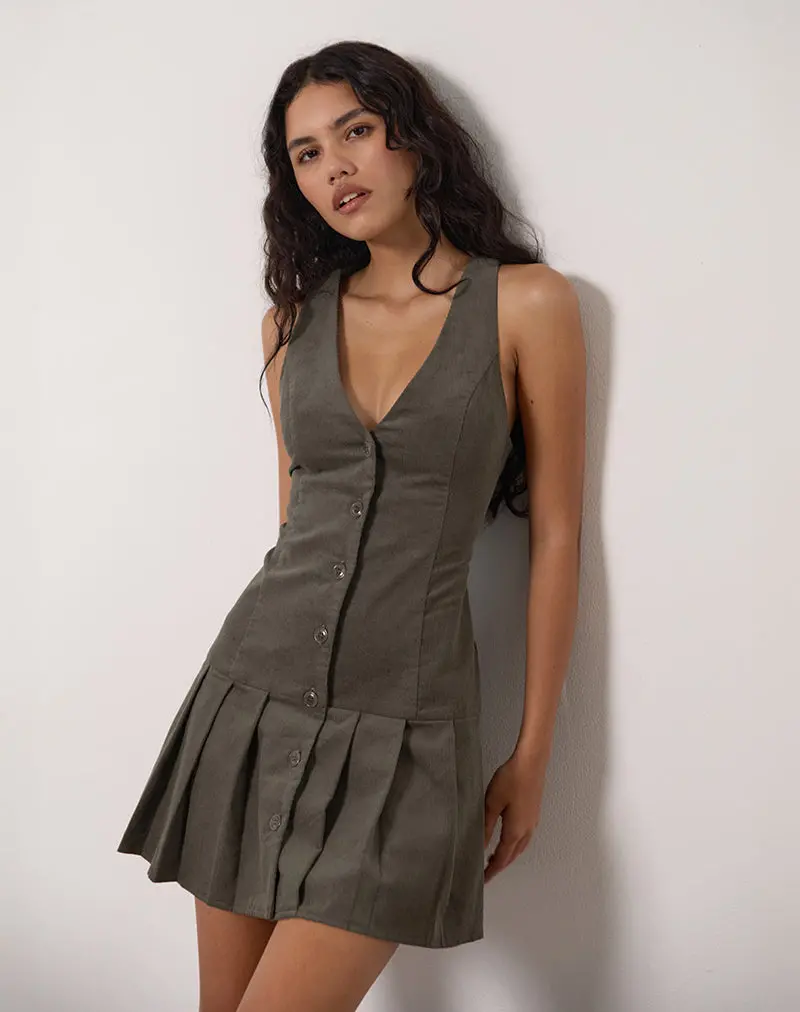 Starrin Button Mini Dress In Cord Brown 1