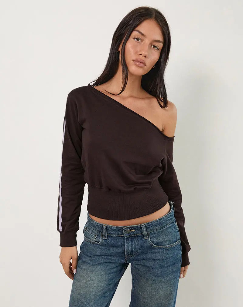 Sujana Asymmetric Sweatshirt In Bitter Chocolate With Violet Binding 1