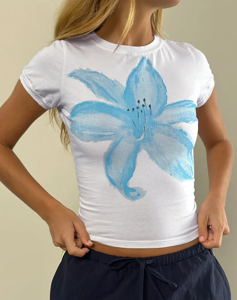 Sutin Tee In White Painted Flower Blue 1