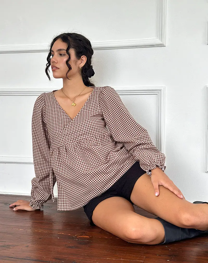 Suzumi Wrap Blouse In Mini Gingham Brown 1