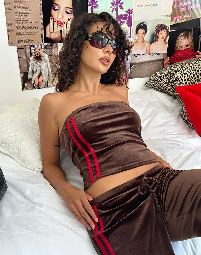 Syara Boob Tube In Brown Velour With Red Side Stripe 1