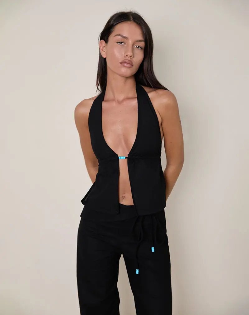 Syrma Backless Halterneck Top In Linen Black 1