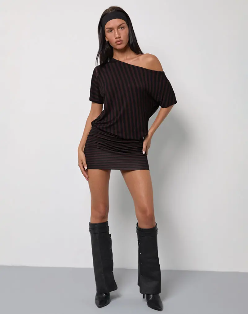 Talita Mini Dress In Diagonal And Mini Stripe Maroon 1