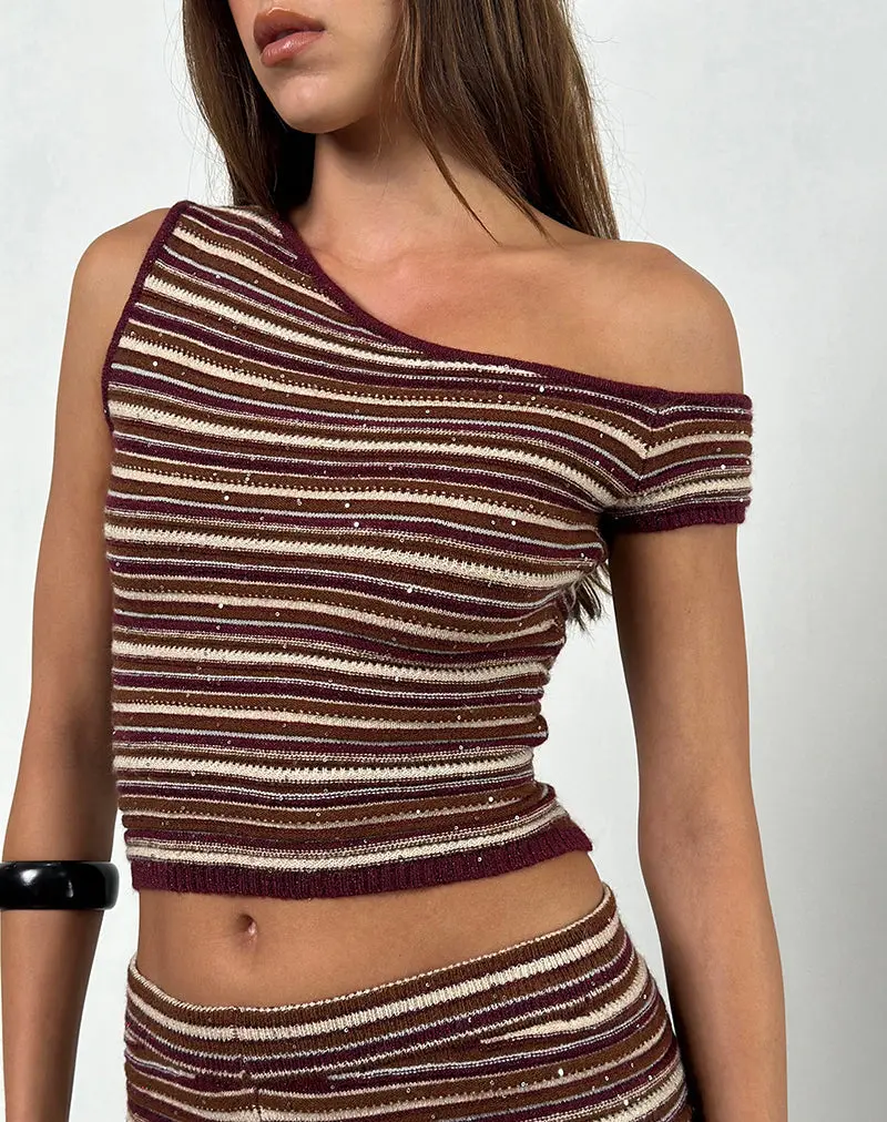 Tamia Off Shoulder Top In Shimmer Stripe Knit Rust 1