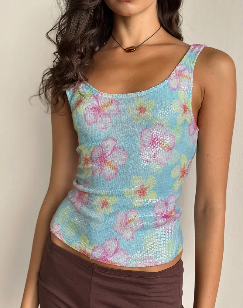 Tampa Top In Sequin Blooming Flower Blue 1