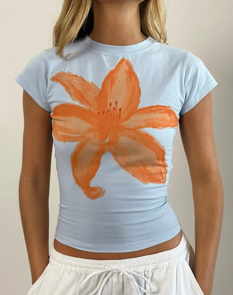 Tiona Tee In Blue With Orange Painted Flower 1