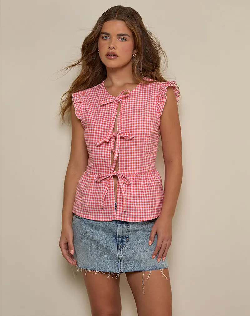 Vataka Tie Front Top In Mini Gingham Peach 1