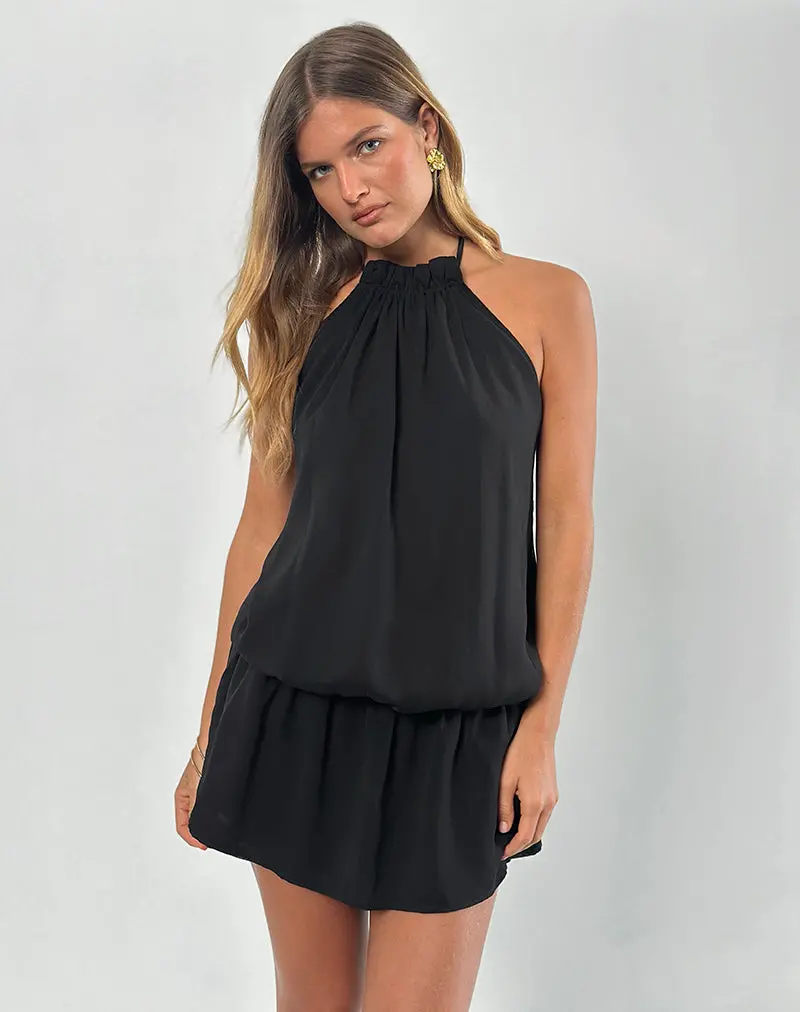Veloria Halterneck Mini Dress In Black Chiffon With Lining 1