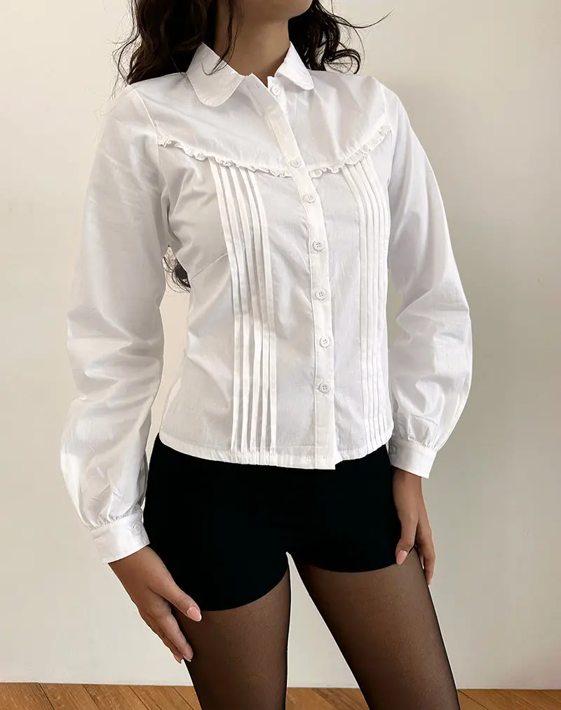 Wells Frill Long Sleeve Blouse In White 1