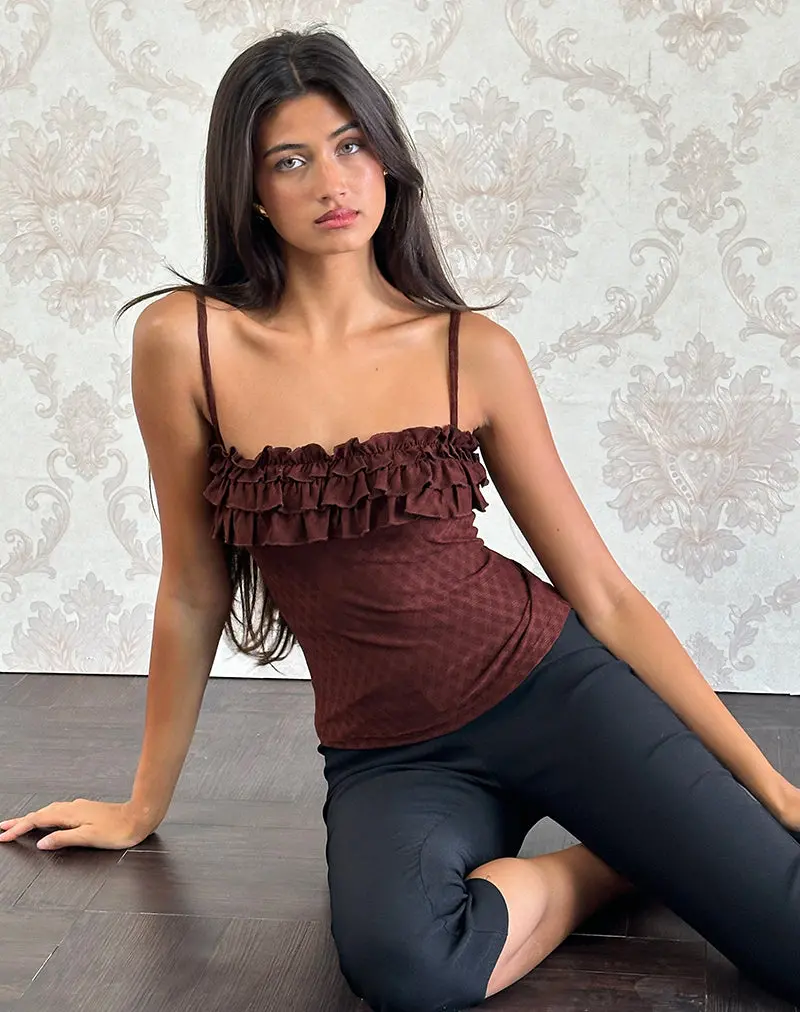 Wendy Ruffle Cami Top In Argyle Mesh Brown 1