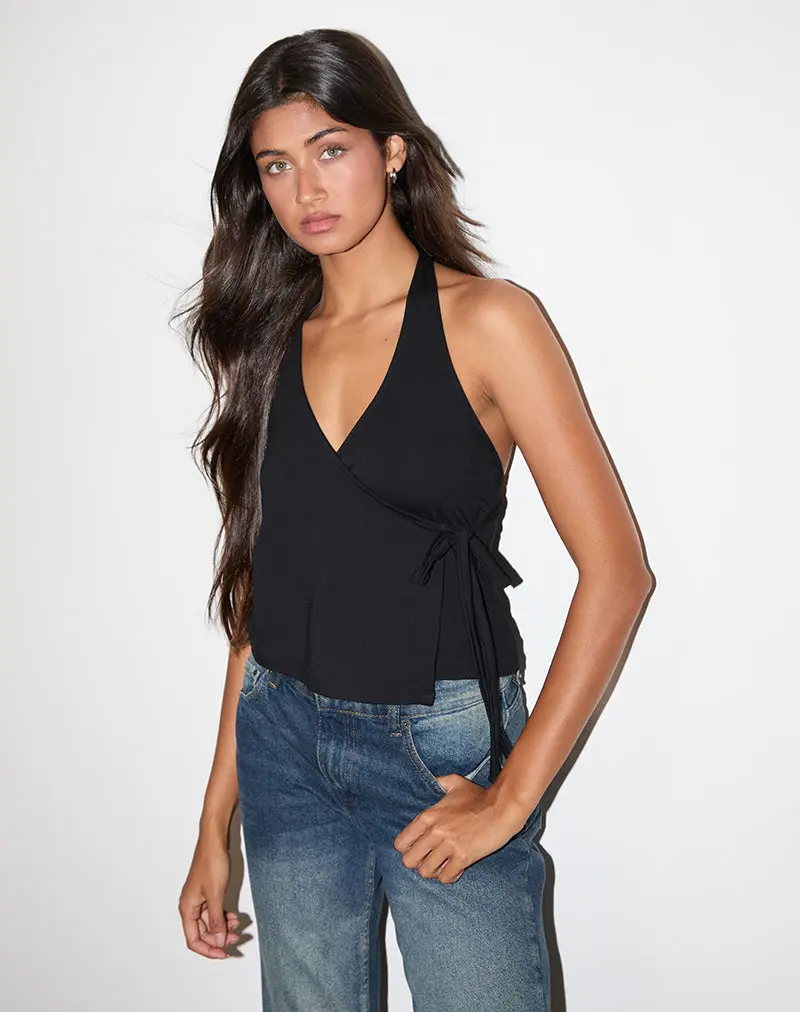 Wisty Halter Neck Wrap Top In Jersey Black 1