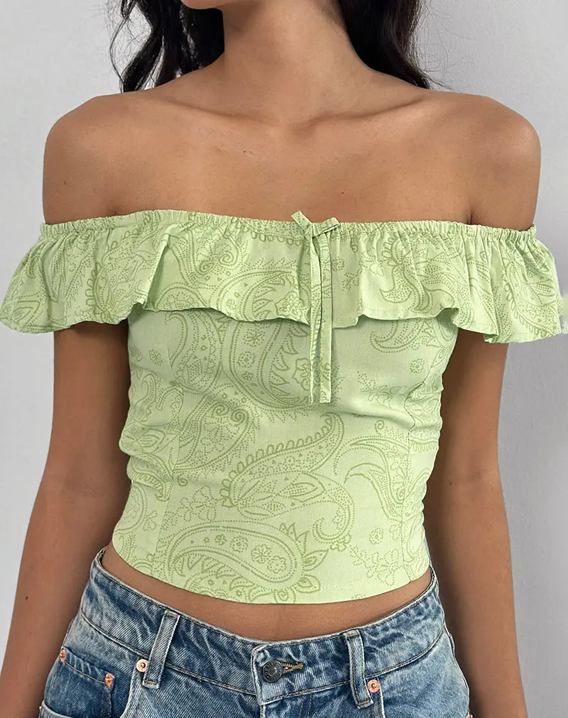 Yokai Bardot Top In Retro Paisley Lime 1