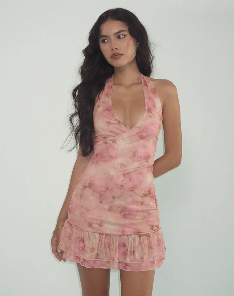 Yoriko Halterneck Mini Dress In Smoky Floral Peach 1