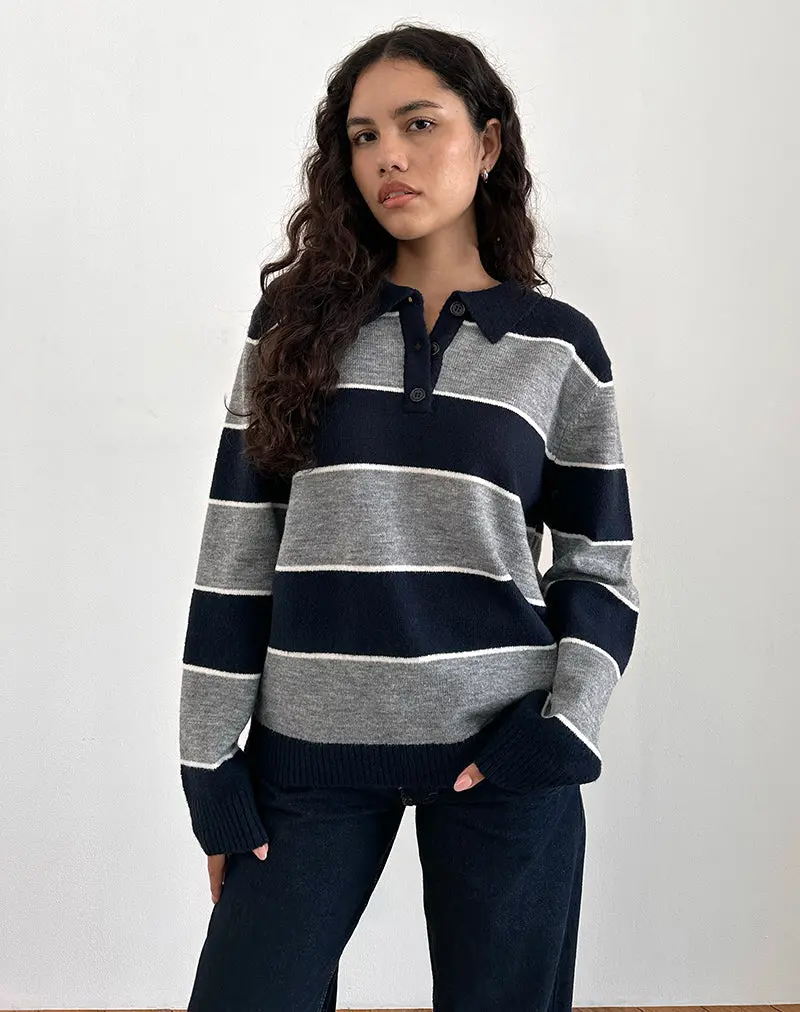 Yusnada Oversized Rugby Jumper In Navy And Grey Stripe 1